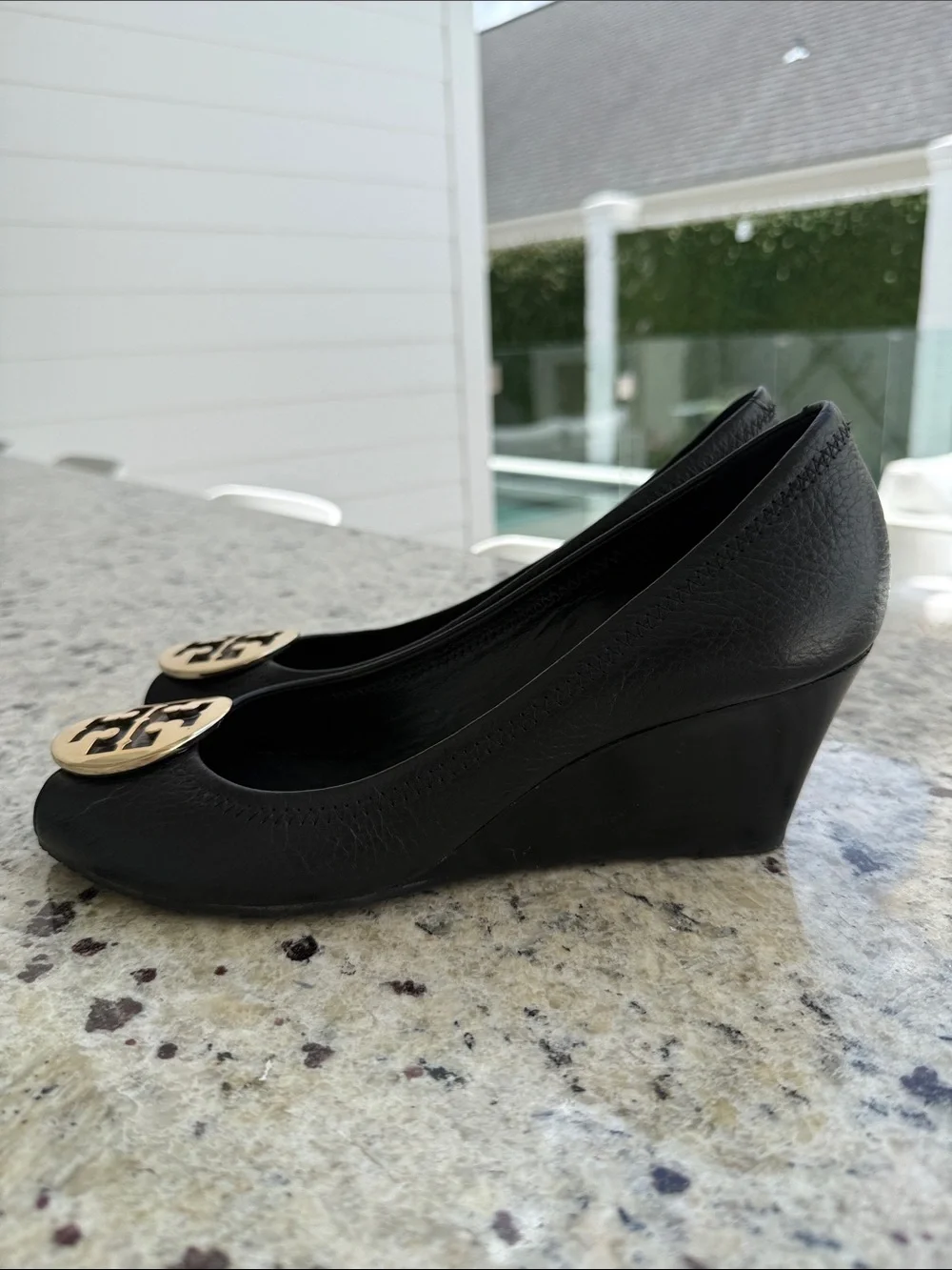 Tory Burch Black Leather Peep-Toe Heels with Gold Logo